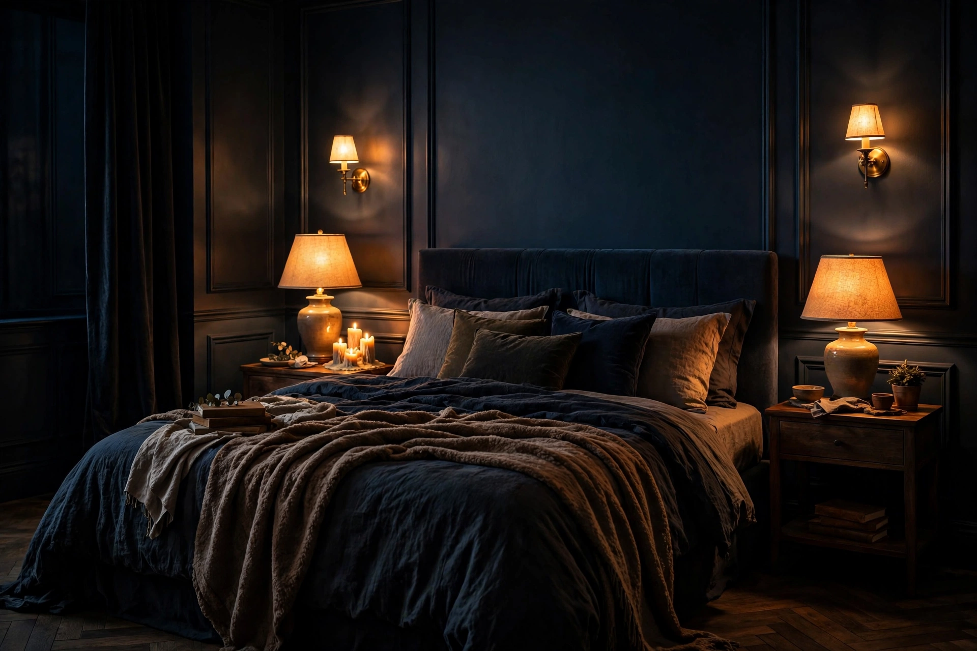 Moody bedroom lit by bedside lamps, wall sconces and candles with no overhead light, creating pools of warm glow