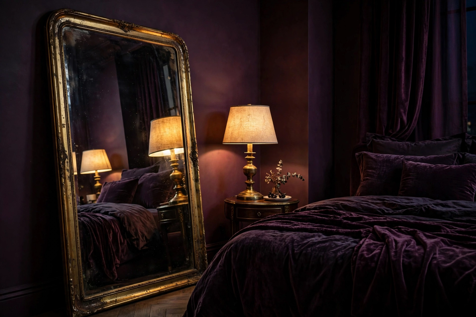 Large leaning antiqued mirror beside a glowing lamp in a dark bedroom, doubling the warm light