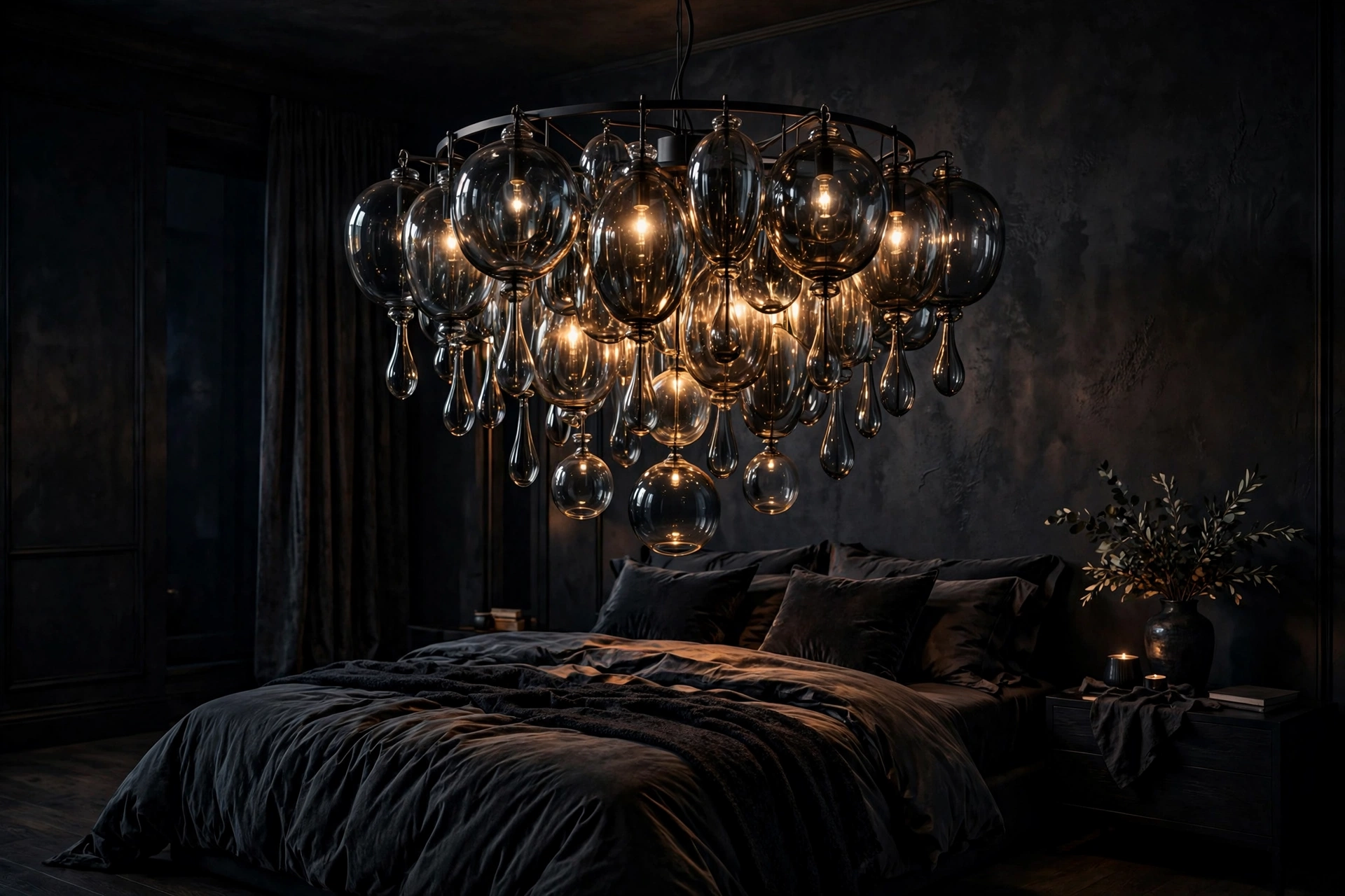 Oversized smoked-glass chandelier hanging low over a moody dark bedroom, casting a warm dramatic glow