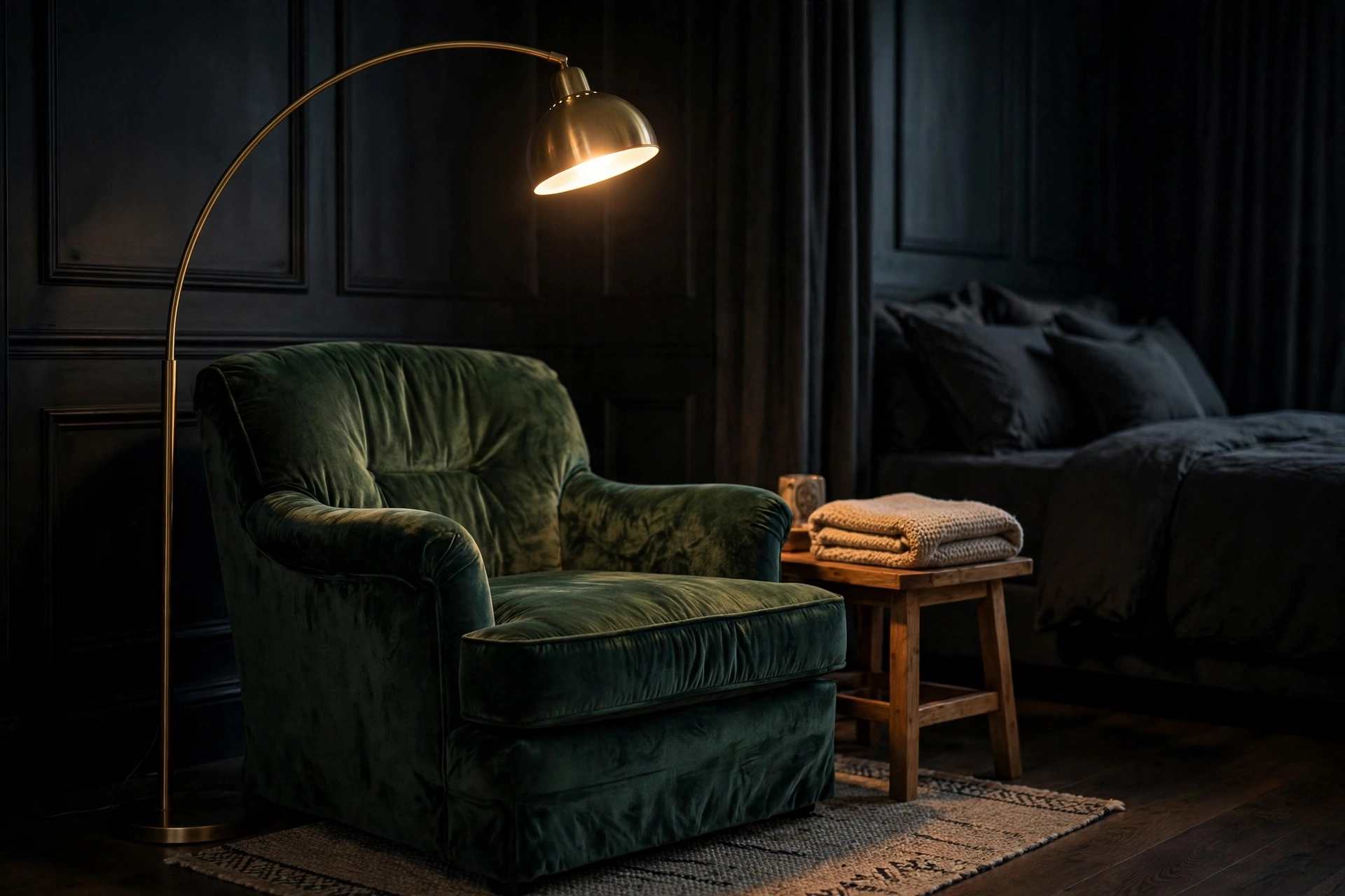 Cosy reading corner in a dark bedroom with a velvet armchair, brass floor lamp and small side table