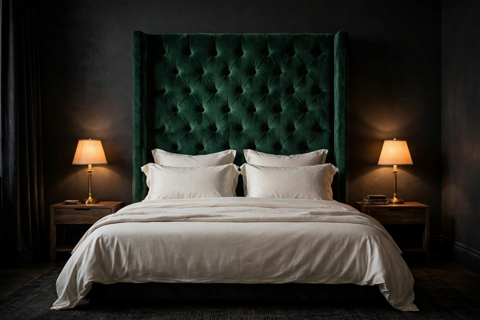 Tall emerald-green velvet tufted headboard in a moody bedroom with warm bedside lighting