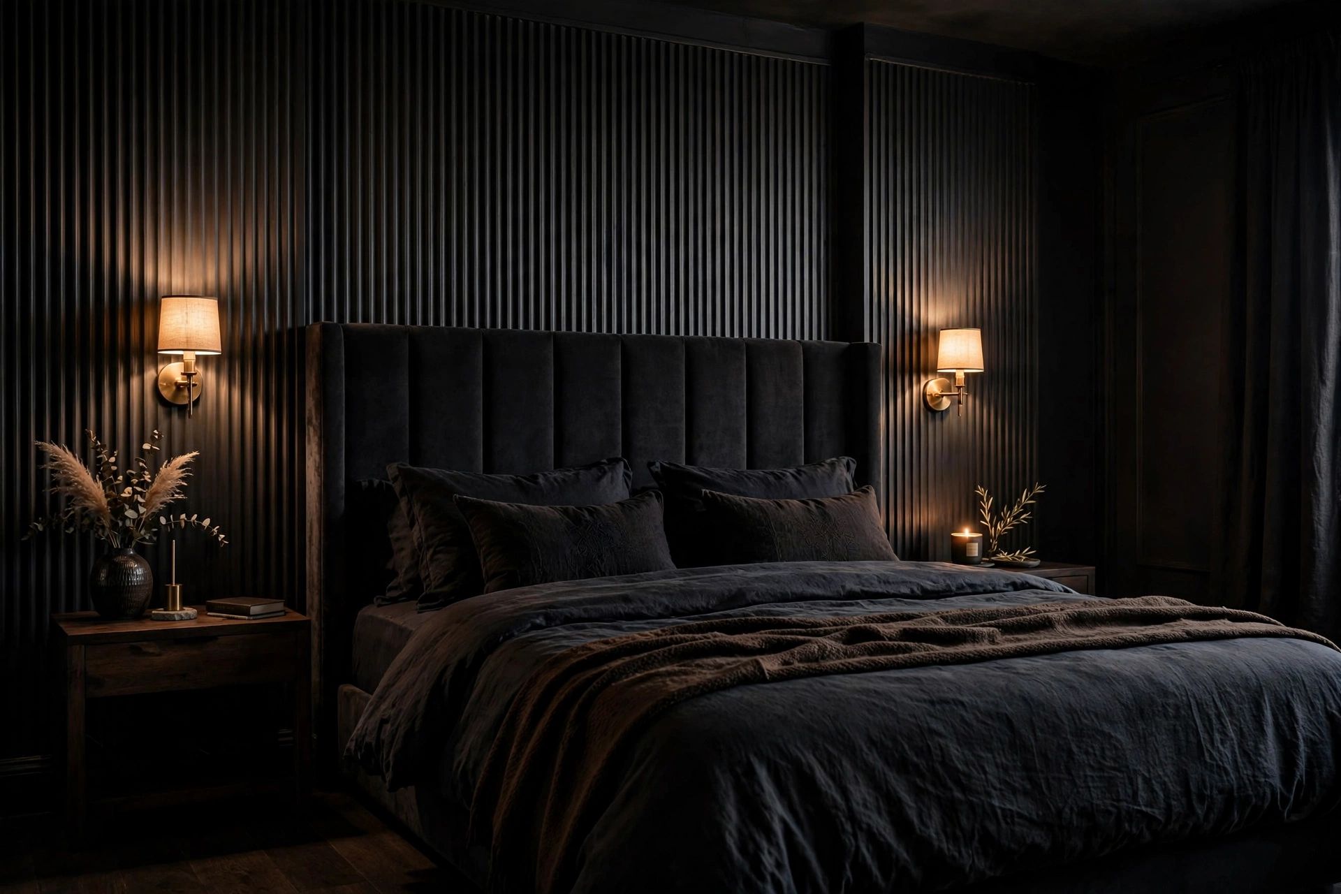 Dark bedroom with fluted wood wall panels painted deep charcoal behind the bed, adding shadow and depth