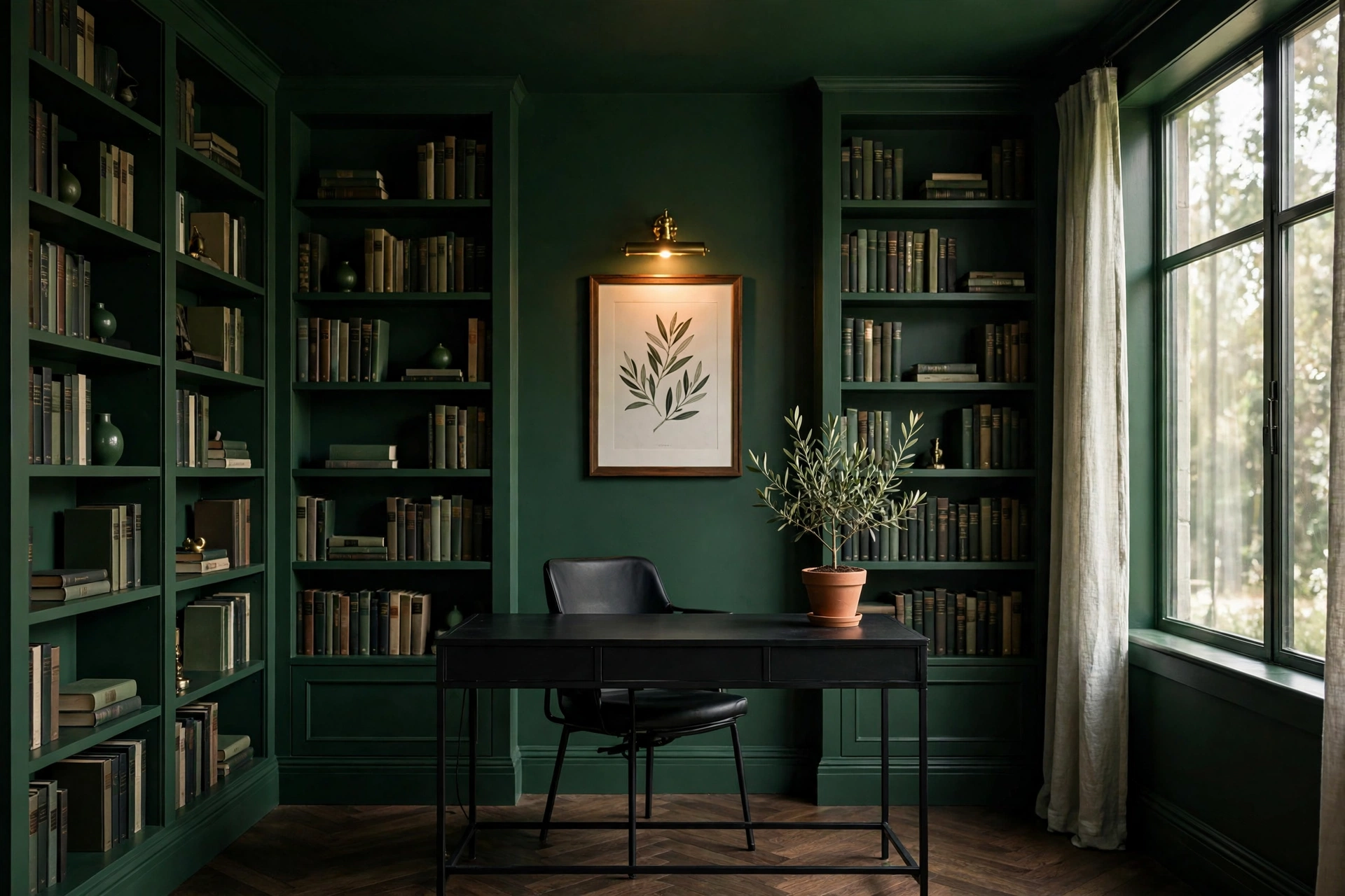 Home office colour-drenched in deep forest green with black desk and brass picture light
