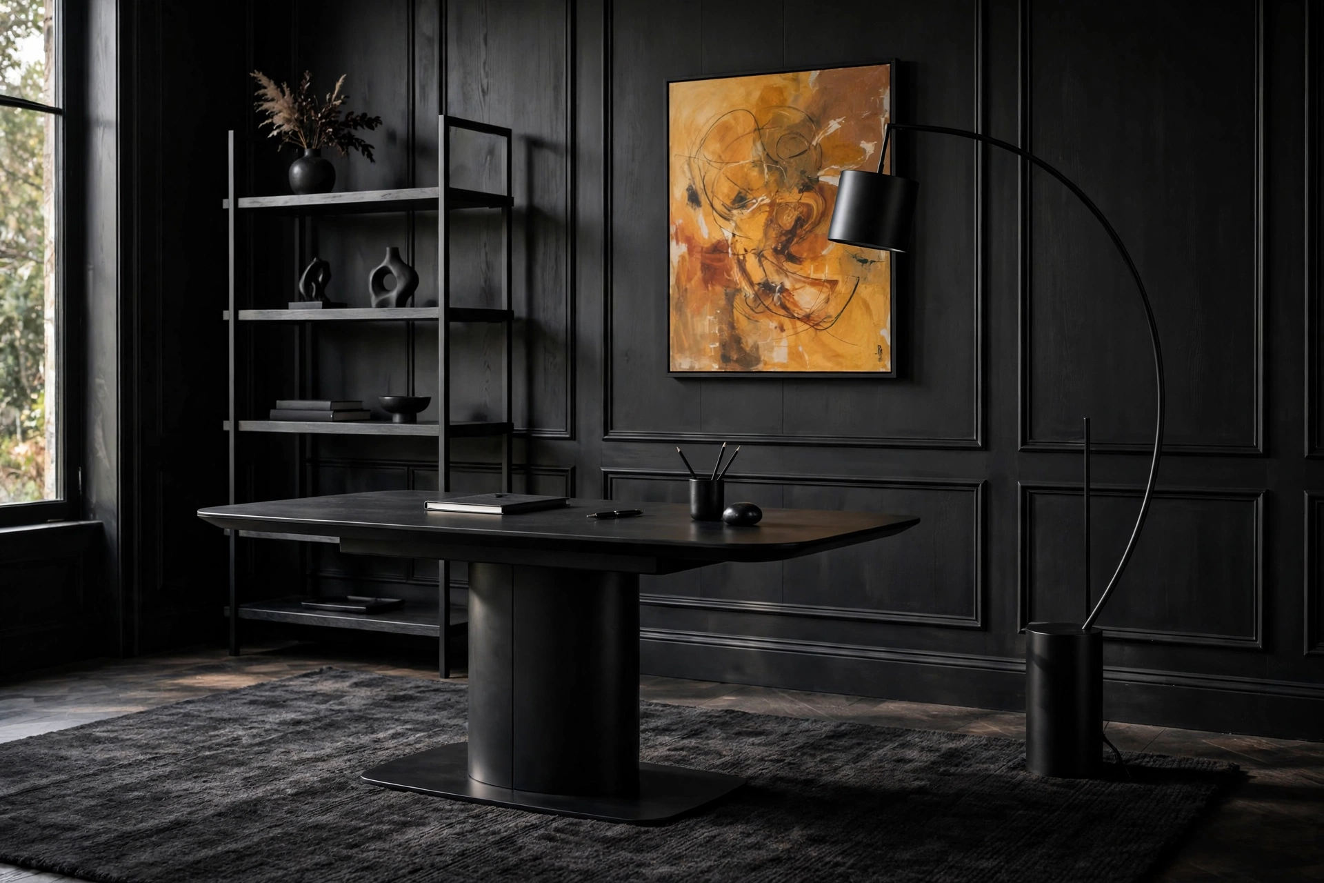 Black-on-black monochrome moody office with panelled walls and sculptural arc lamp