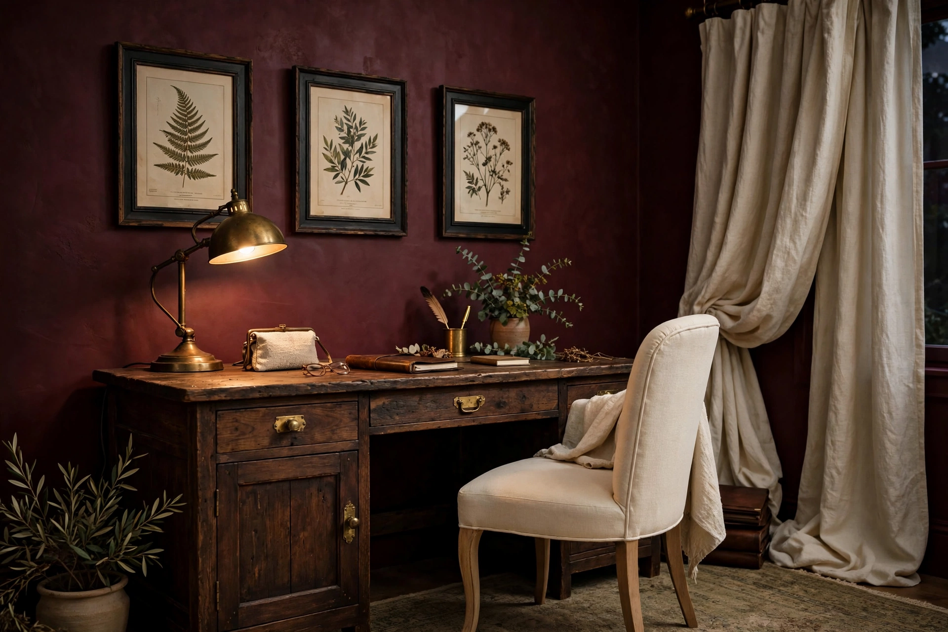Moody home office with burgundy walls, rustic wood desk, brass lamp and botanical prints