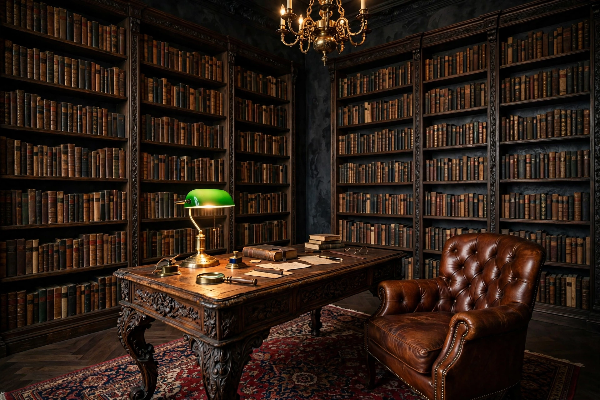 Dark academia home office library with floor-to-ceiling bookshelves and antique wooden desk