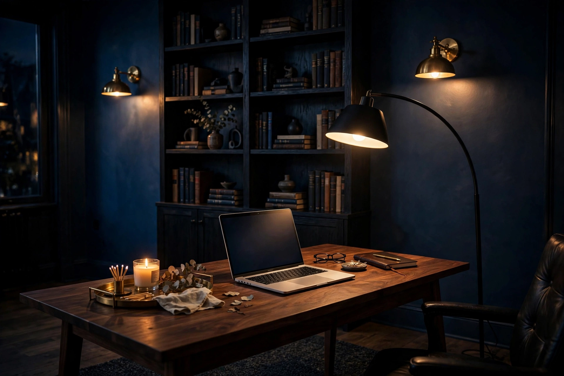 Moody home office at night with brass wall sconces, arc floor lamp and candle glow