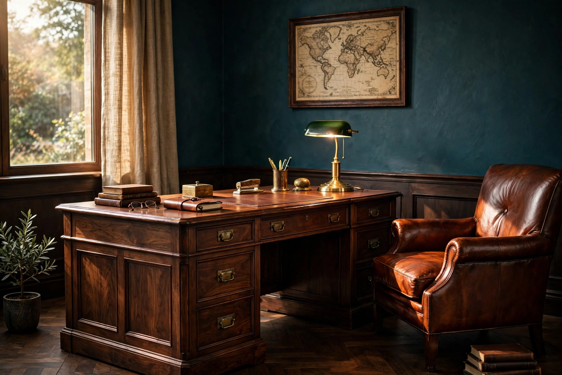 Rich walnut executive desk with brass banker lamp and cognac leather chair in moody office