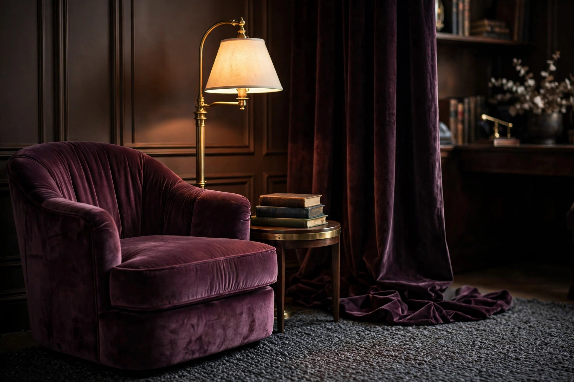 Moody office reading nook with plum velvet armchair, brass floor lamp and heavy curtains