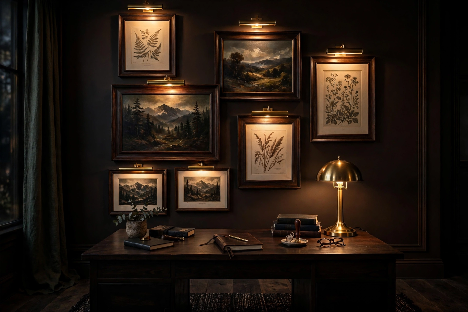 Dramatic dark gallery wall of vintage framed prints with picture lights in a moody office
