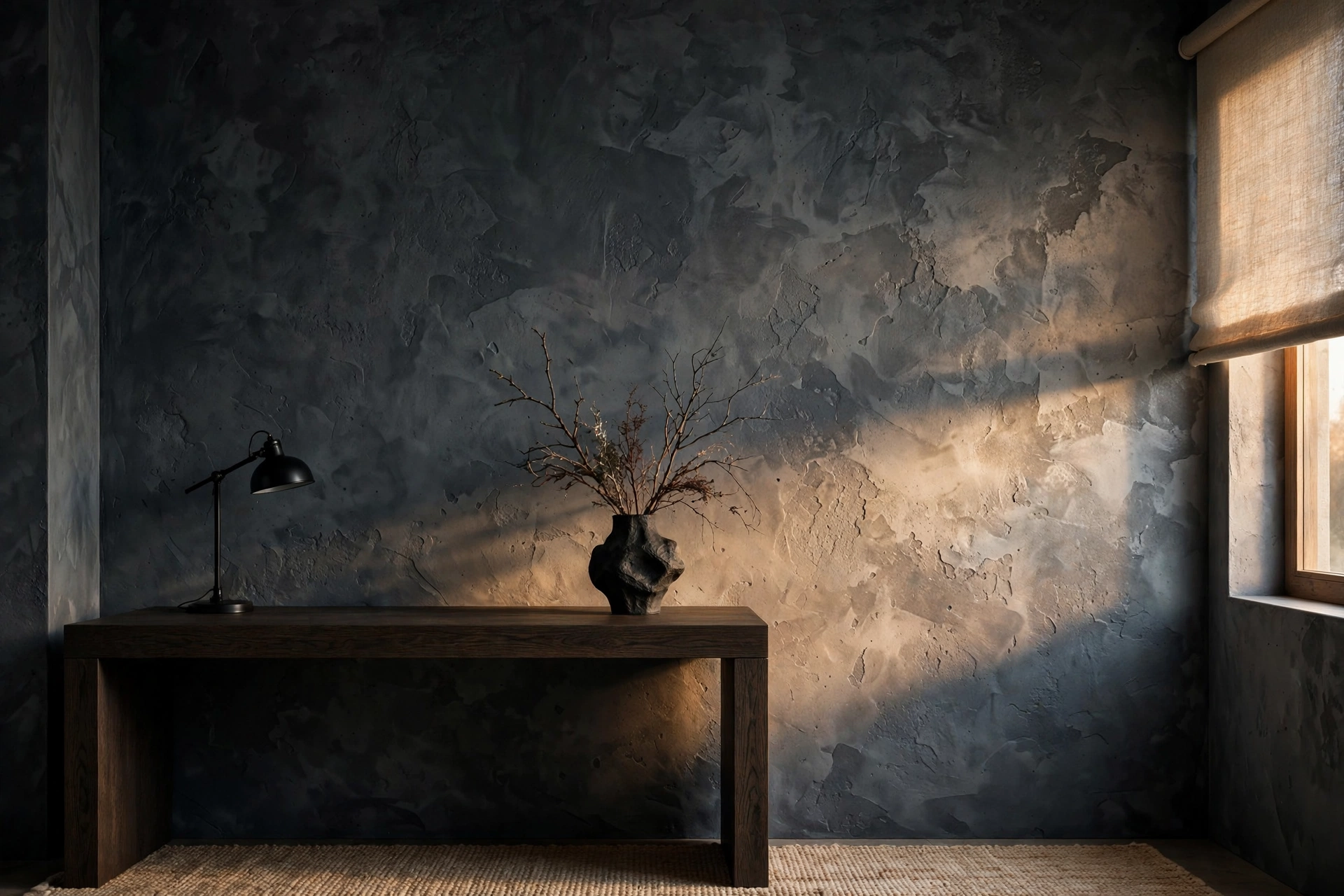 Moody home office with dark limewash plaster walls, oak desk and dried branch vase