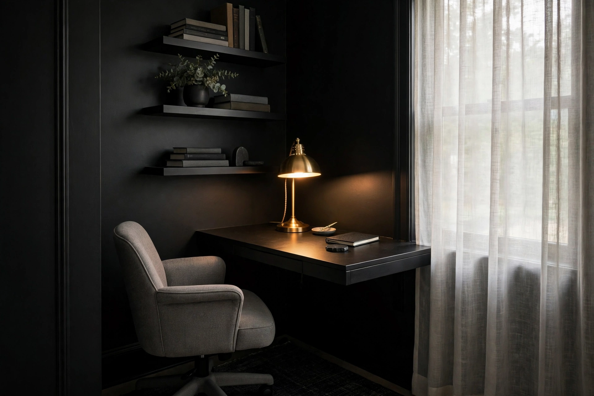 Compact moody corner office nook with black walls, floating desk and styled shelves