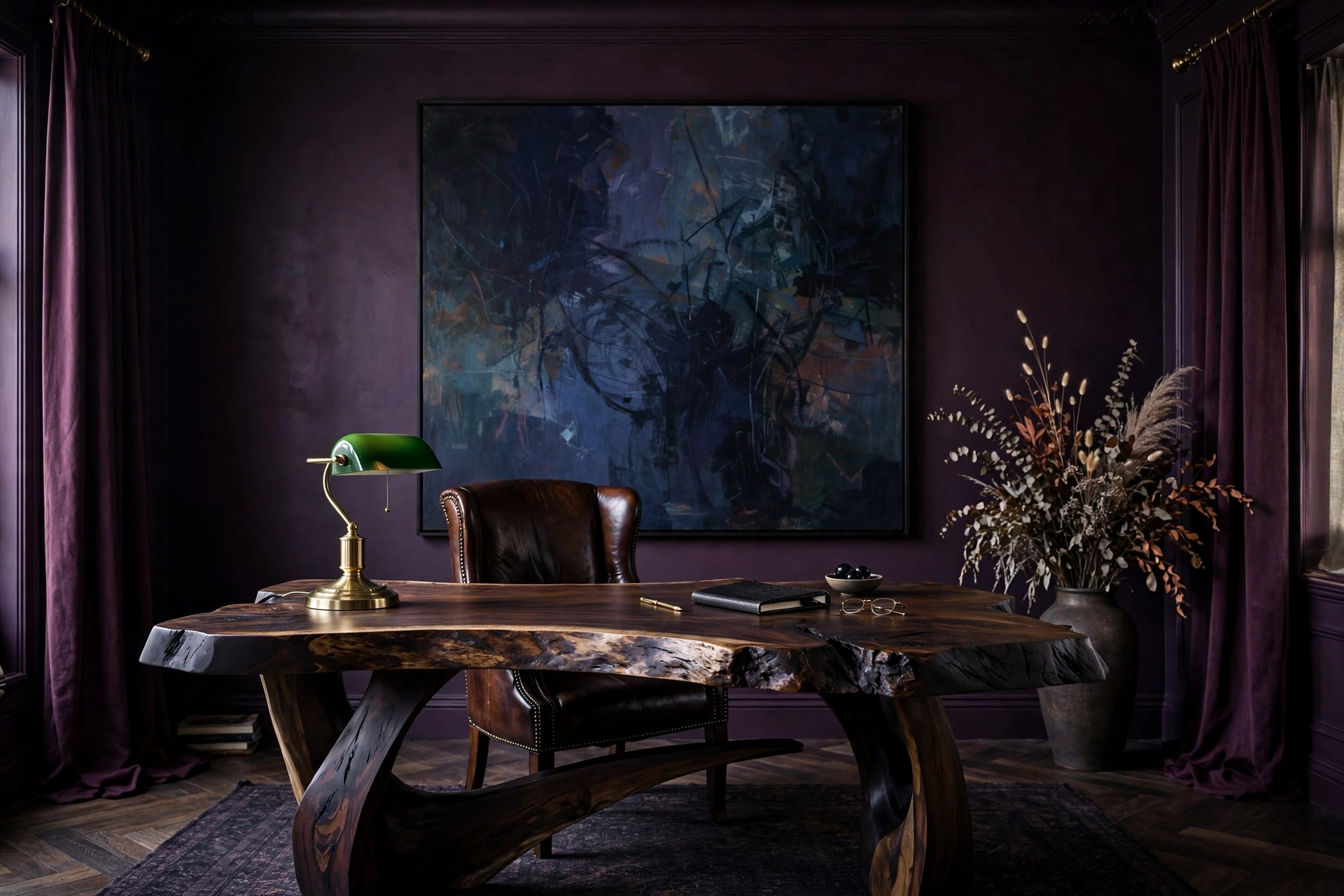 Statement live-edge wooden desk in the centre of a moody aubergine home office