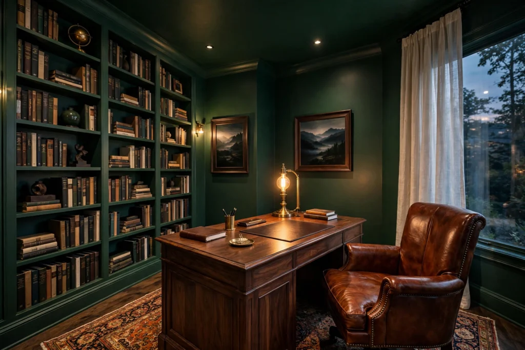 Moody home office with deep forest green walls, dark walnut desk, brass desk lamp and cognac leather chair
