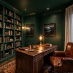 Moody home office with deep forest green walls, dark walnut desk, brass desk lamp and cognac leather chair
