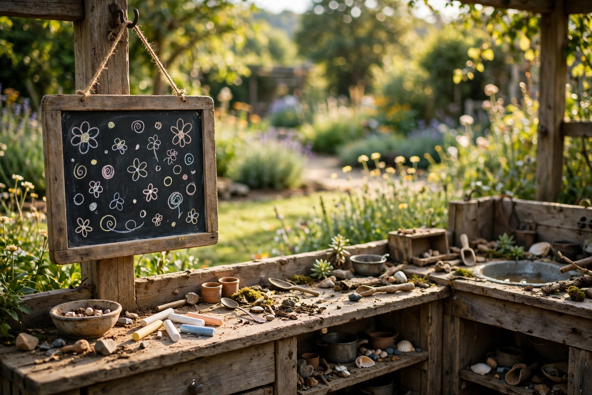 Small wooden-framed chalkboard with a hand-drawn menu hanging beside a children's mud kitchen
