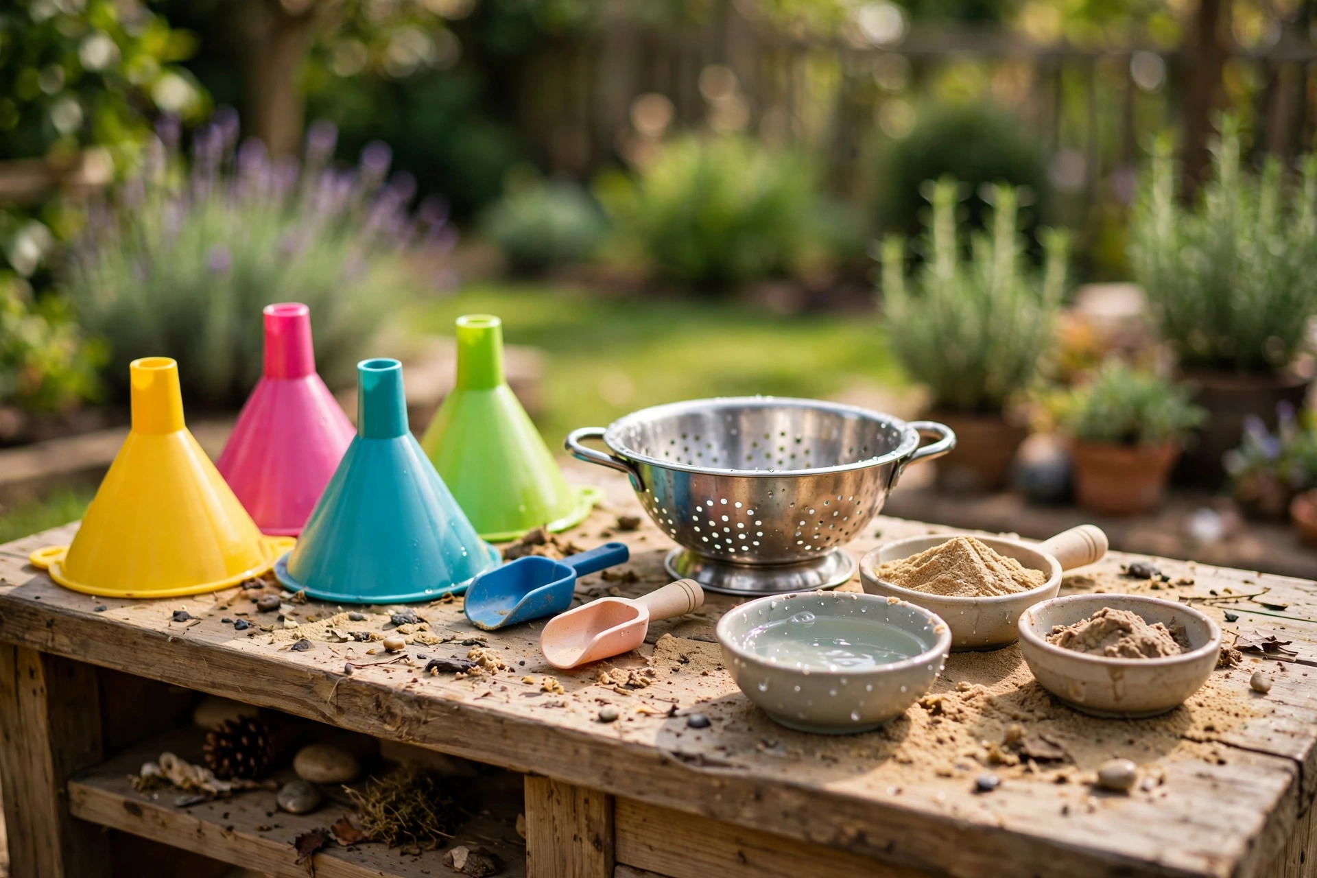 Funnels, a colander and scoops used for pouring water and mud at an outdoor play kitchen