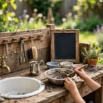 Child's hands cooking with mud and water at a wooden backyard mud kitchen on a sunny day