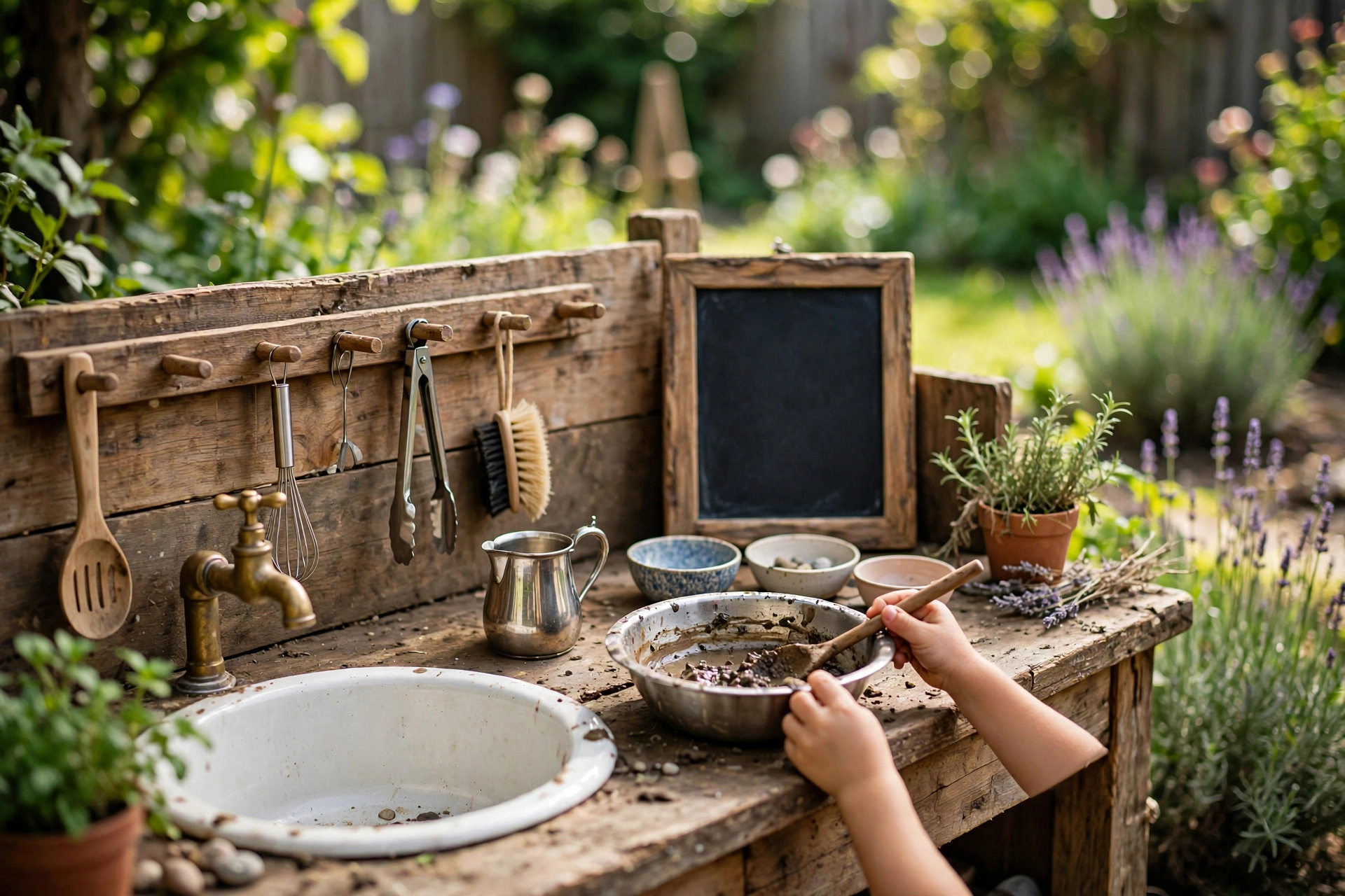 Child's hands cooking with mud and water at a wooden backyard mud kitchen on a sunny day