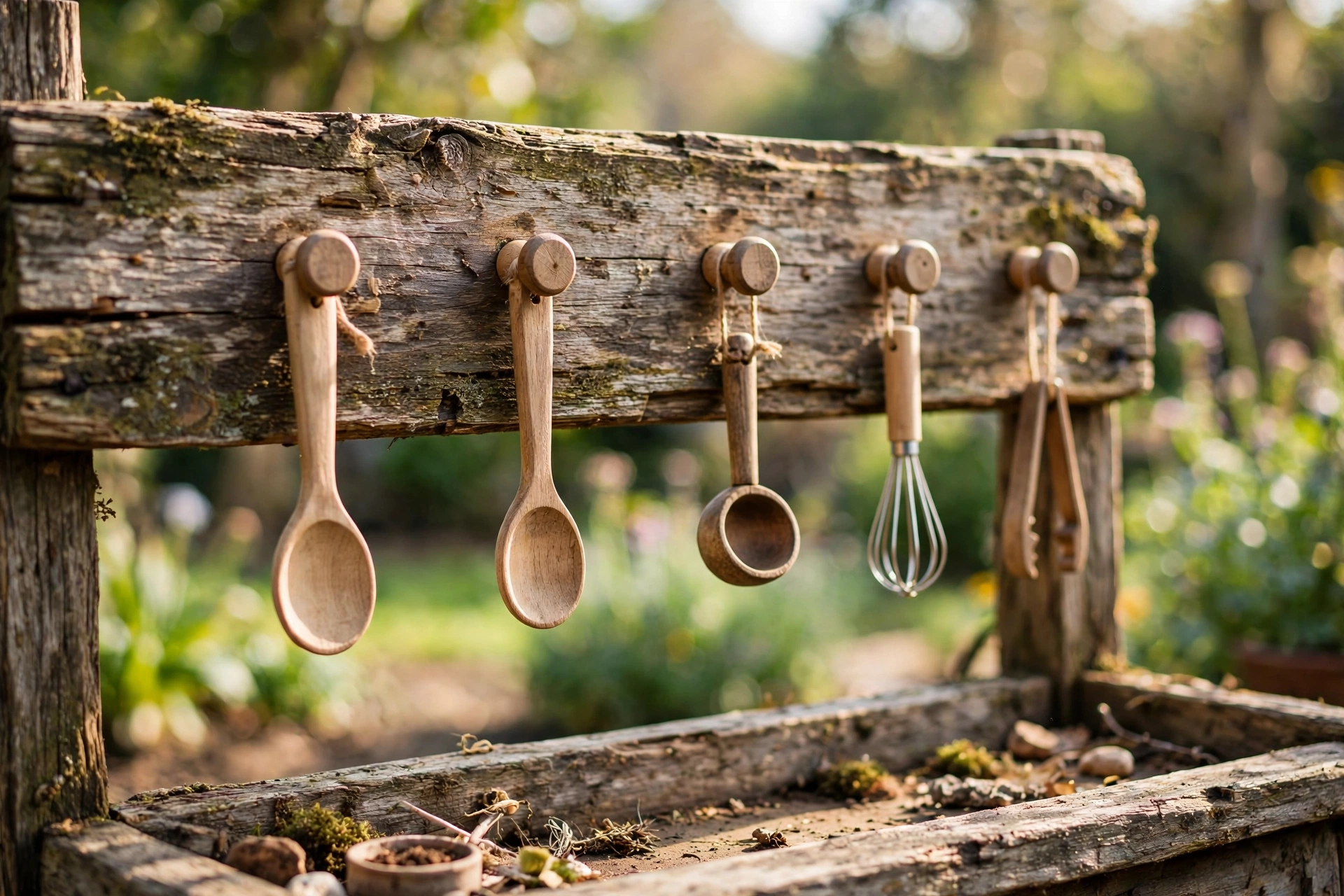 Child-sized wooden spoons, a ladle and a whisk hanging from hooks on a mud kitchen backboard