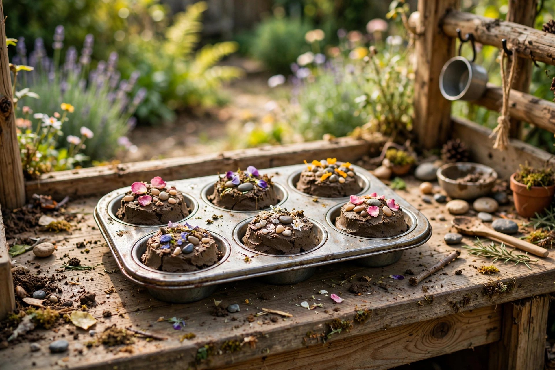 Mini muffin tin filled with mud cakes decorated with leaves and petals on a mud kitchen counter