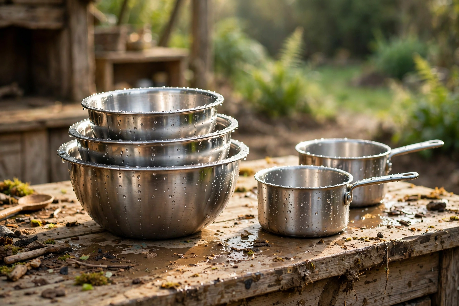 Stack of stainless steel mixing bowls and a small saucepan beside a wooden mud kitchen