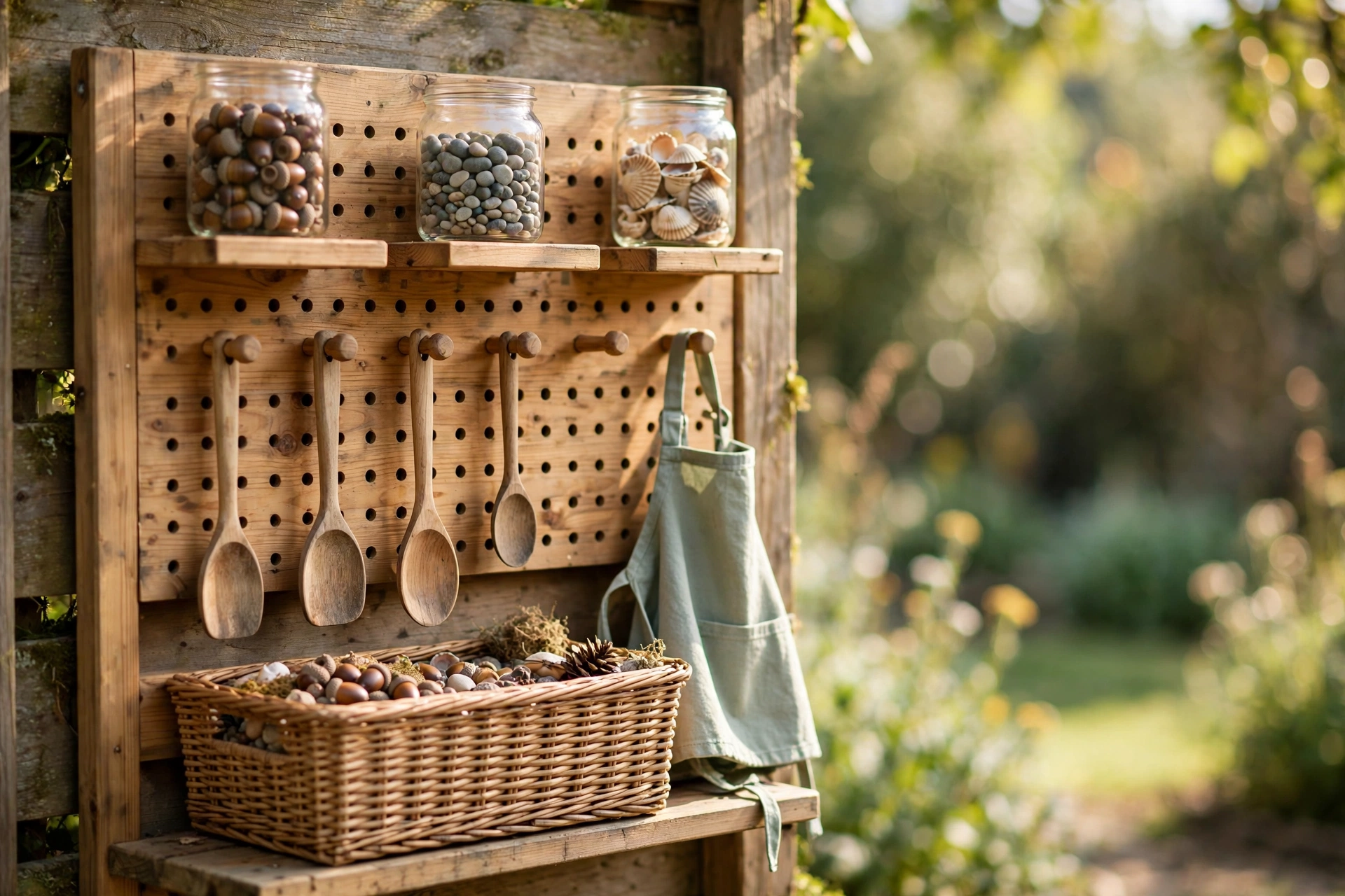 Wooden mud kitchen backboard with peg hooks holding utensils and shelves of jars and bowls
