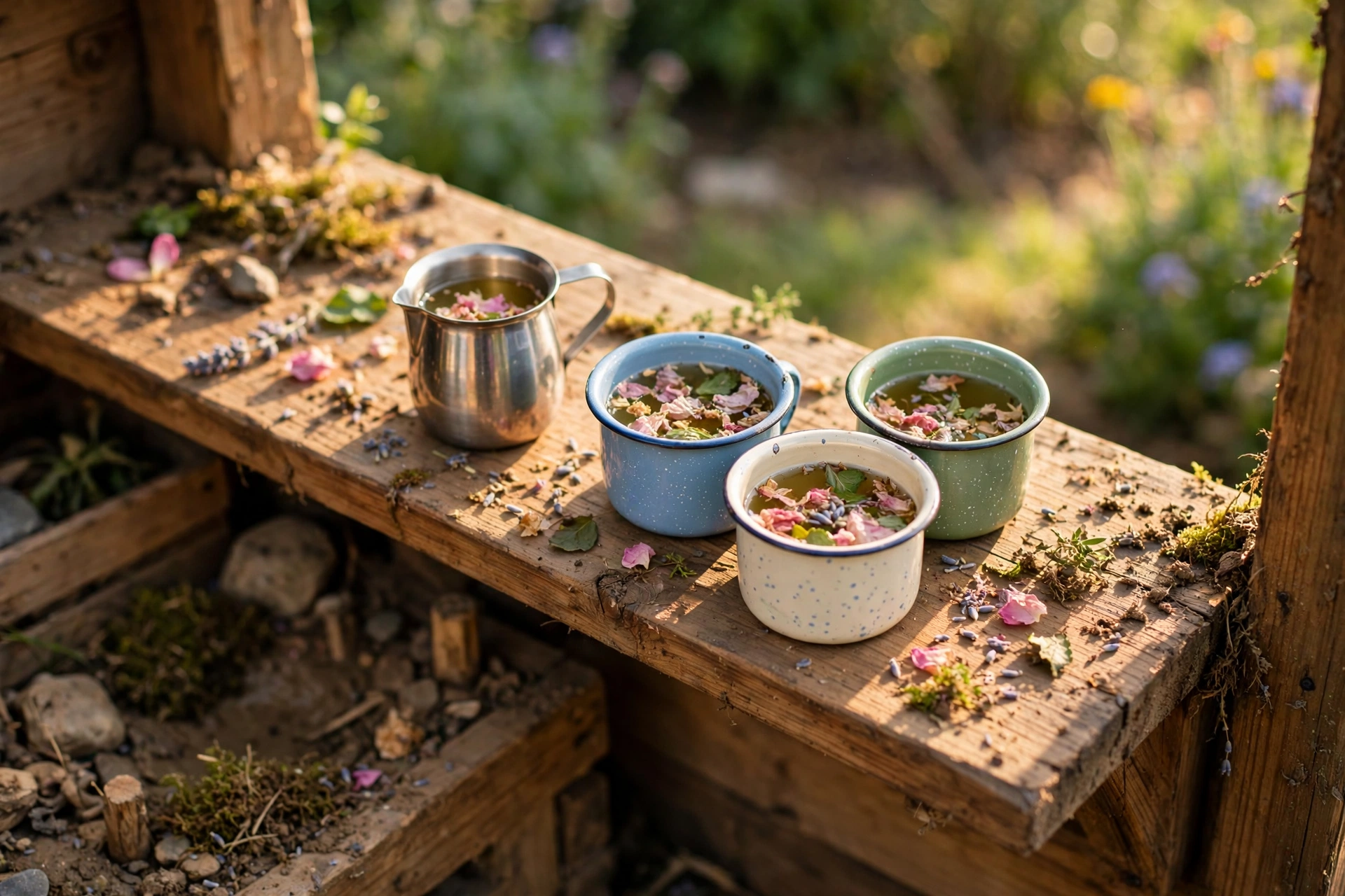 Small metal pitcher and tiny enamel tea cups arranged on a wooden mud kitchen shelf