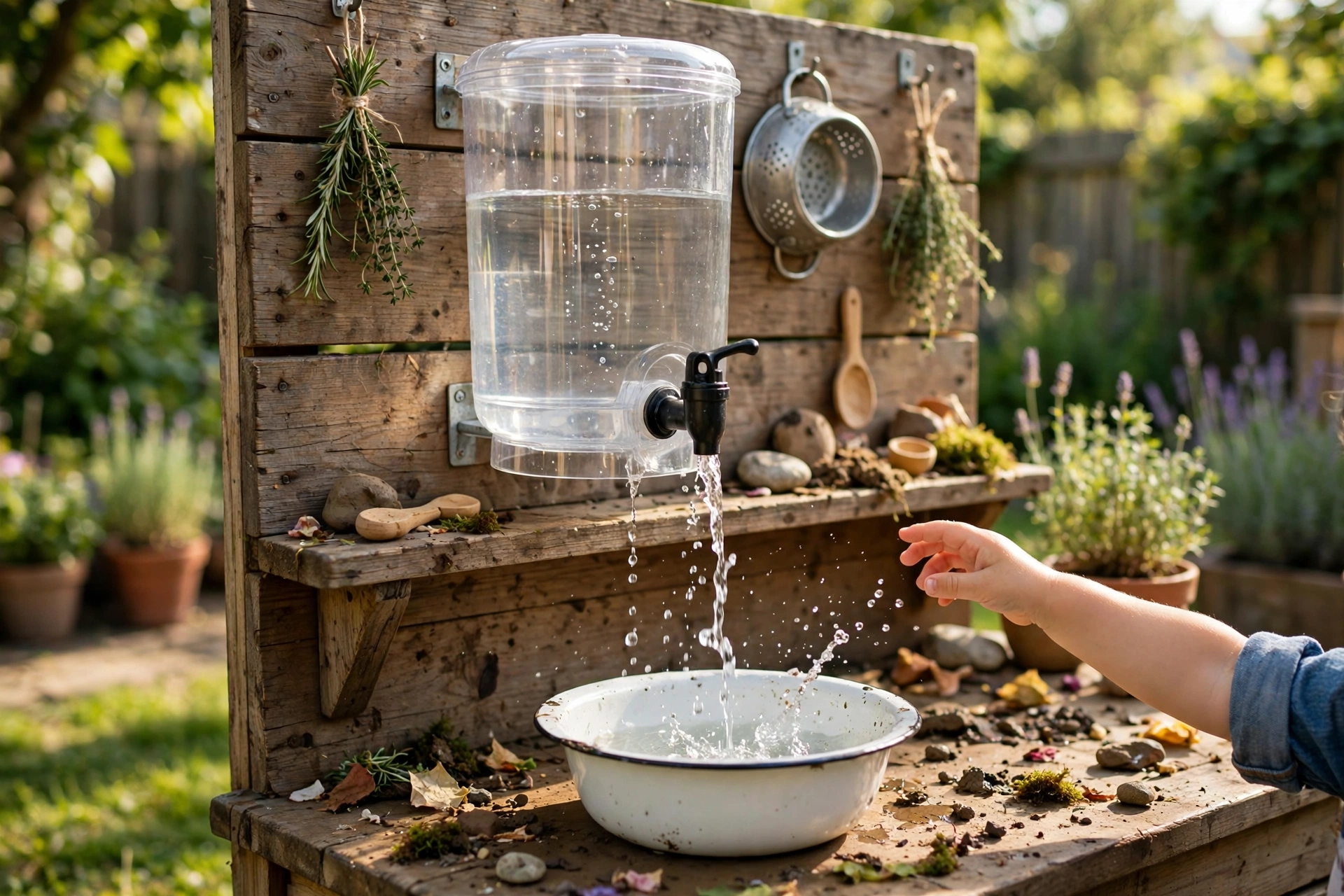Plastic drink dispenser with tap mounted on a wooden mud kitchen for children to pour water
