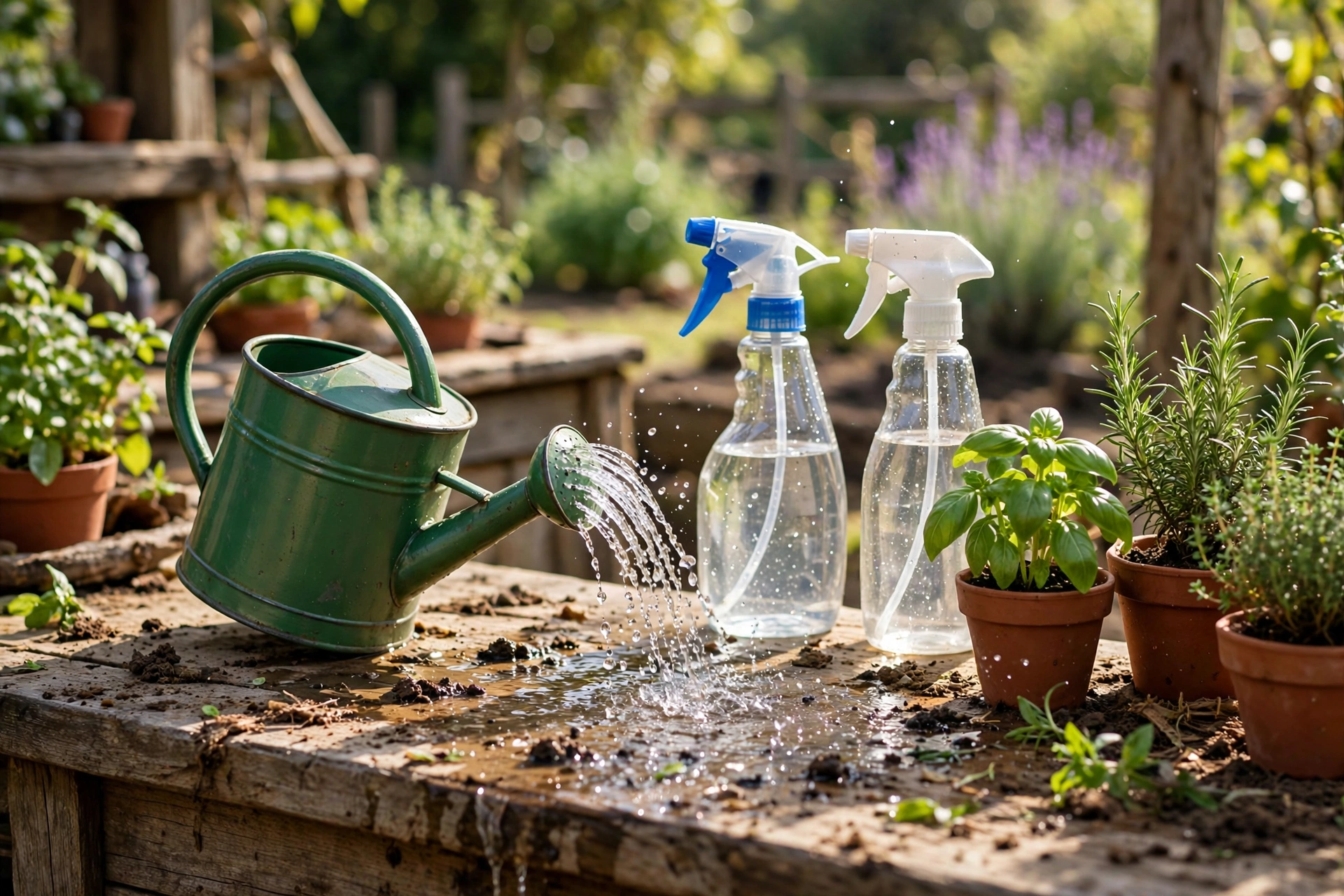 Small metal watering can and spray bottles next to a wooden mud kitchen in the garden