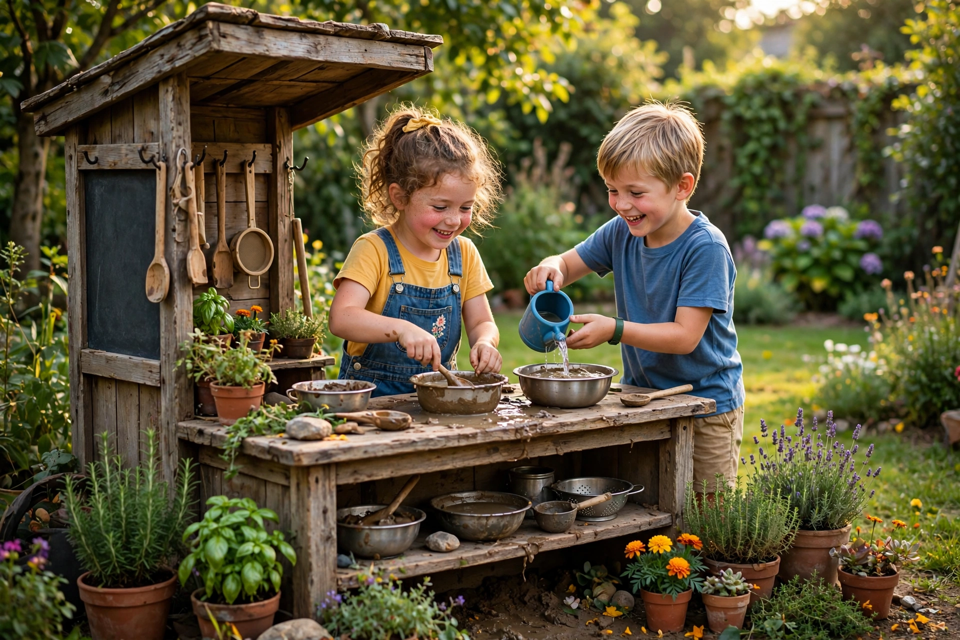 Wooden mud kitchen in a sunny backyard with children playing and muddy bowls on the counter