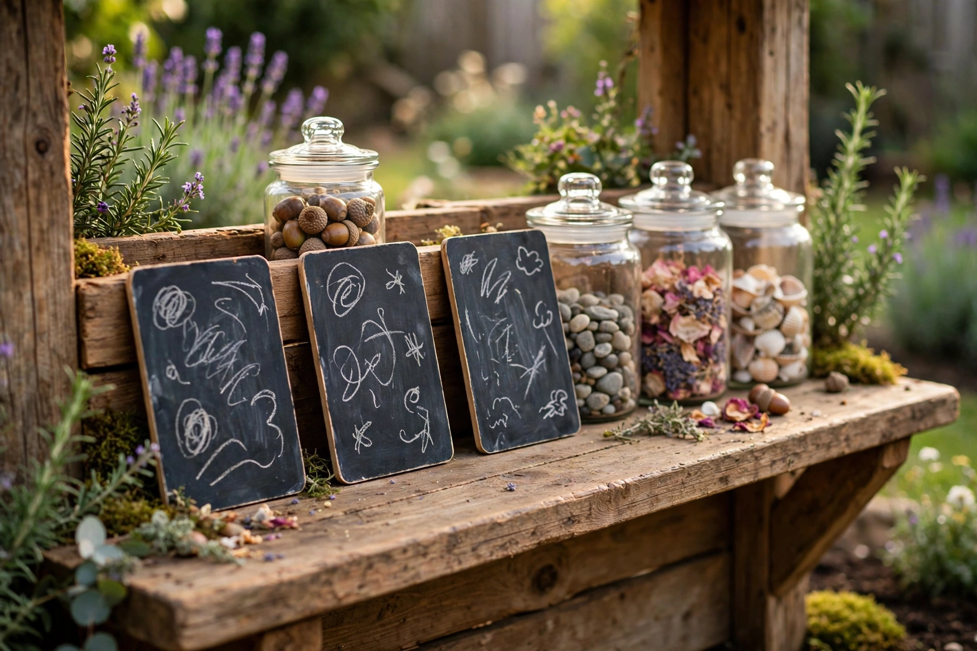 Chalkboard recipe cards clipped to a mud kitchen shelf with playful mud pie recipes