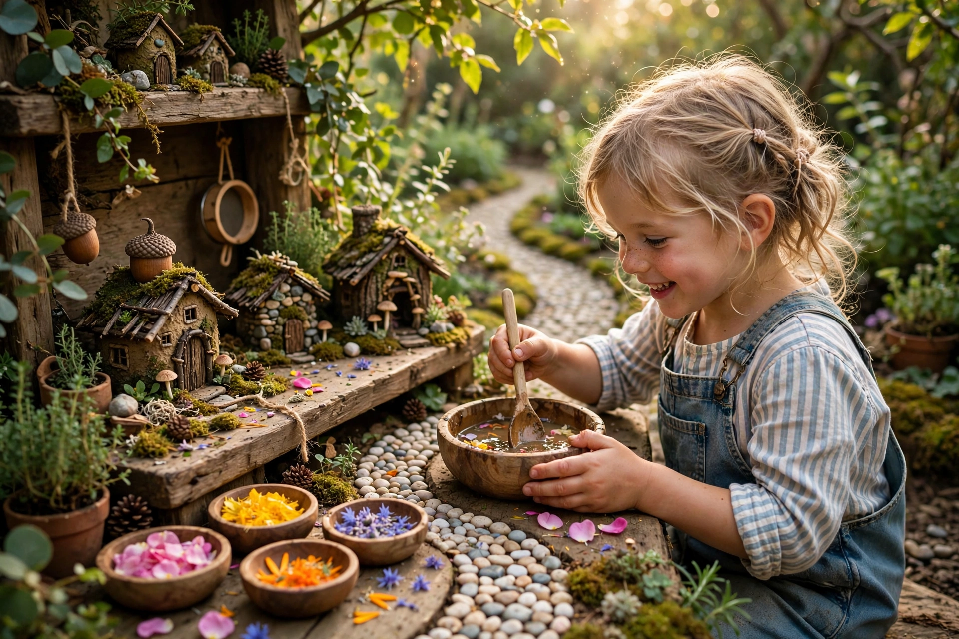 Fairy garden potion kitchen with tiny bottles, flower petals and magic mud mixtures
