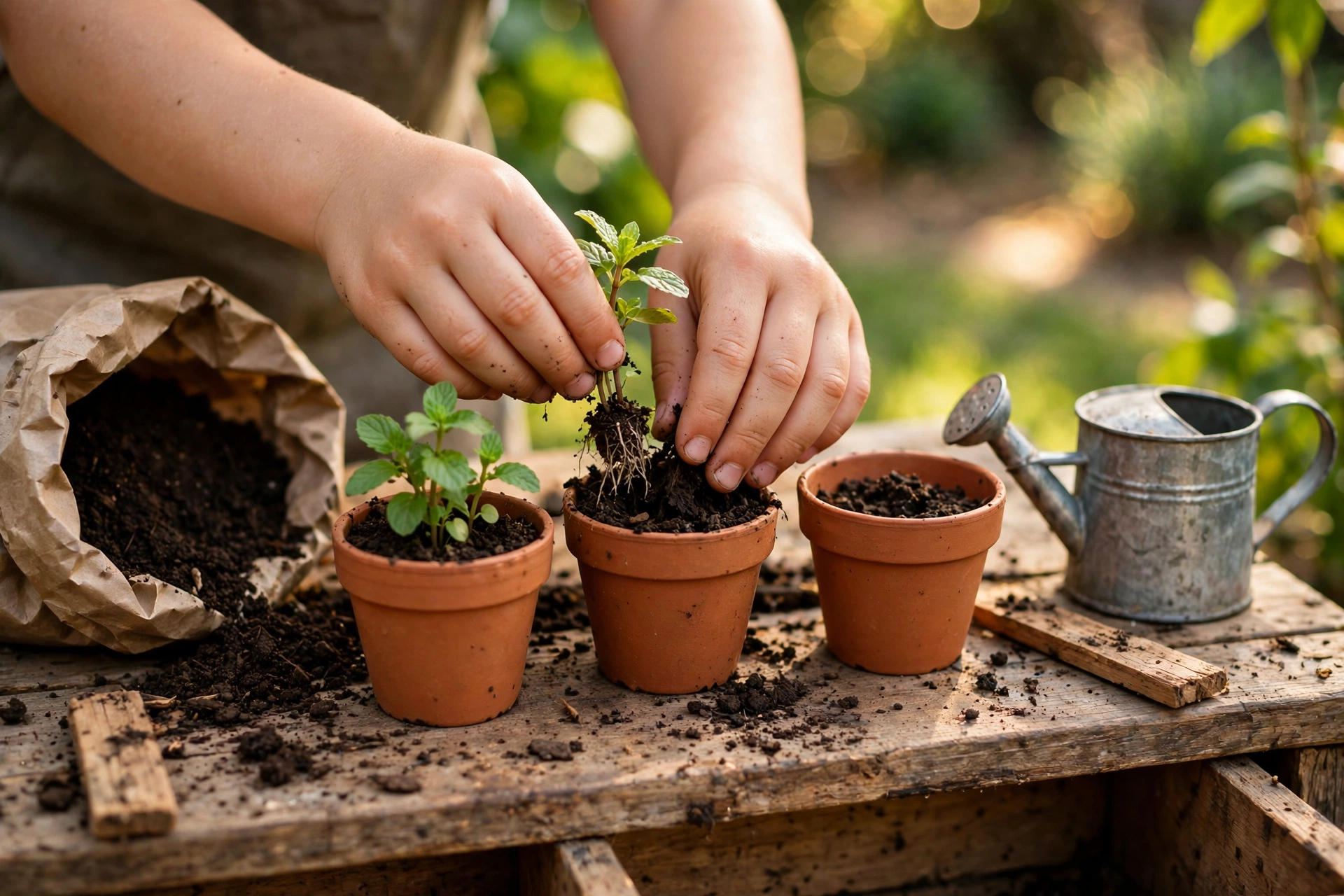 Herb planting corner beside a mud kitchen with small pots, soil and watering cans