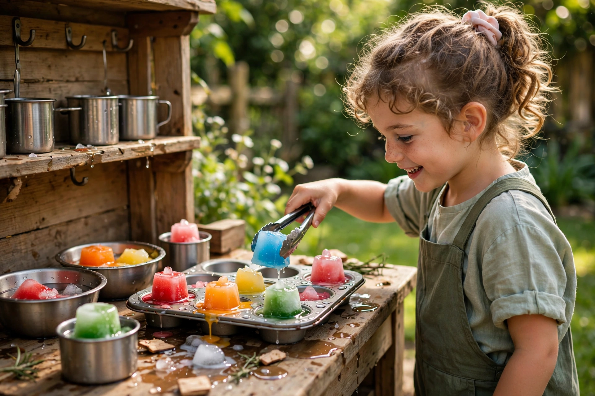 Ice block summer cafe with frozen coloured ice cubes melting into play bowls