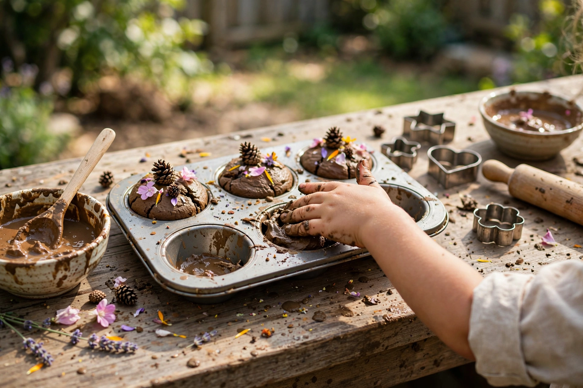 Mud bakery station with muffin tins, bowls and pretend cakes made of mud