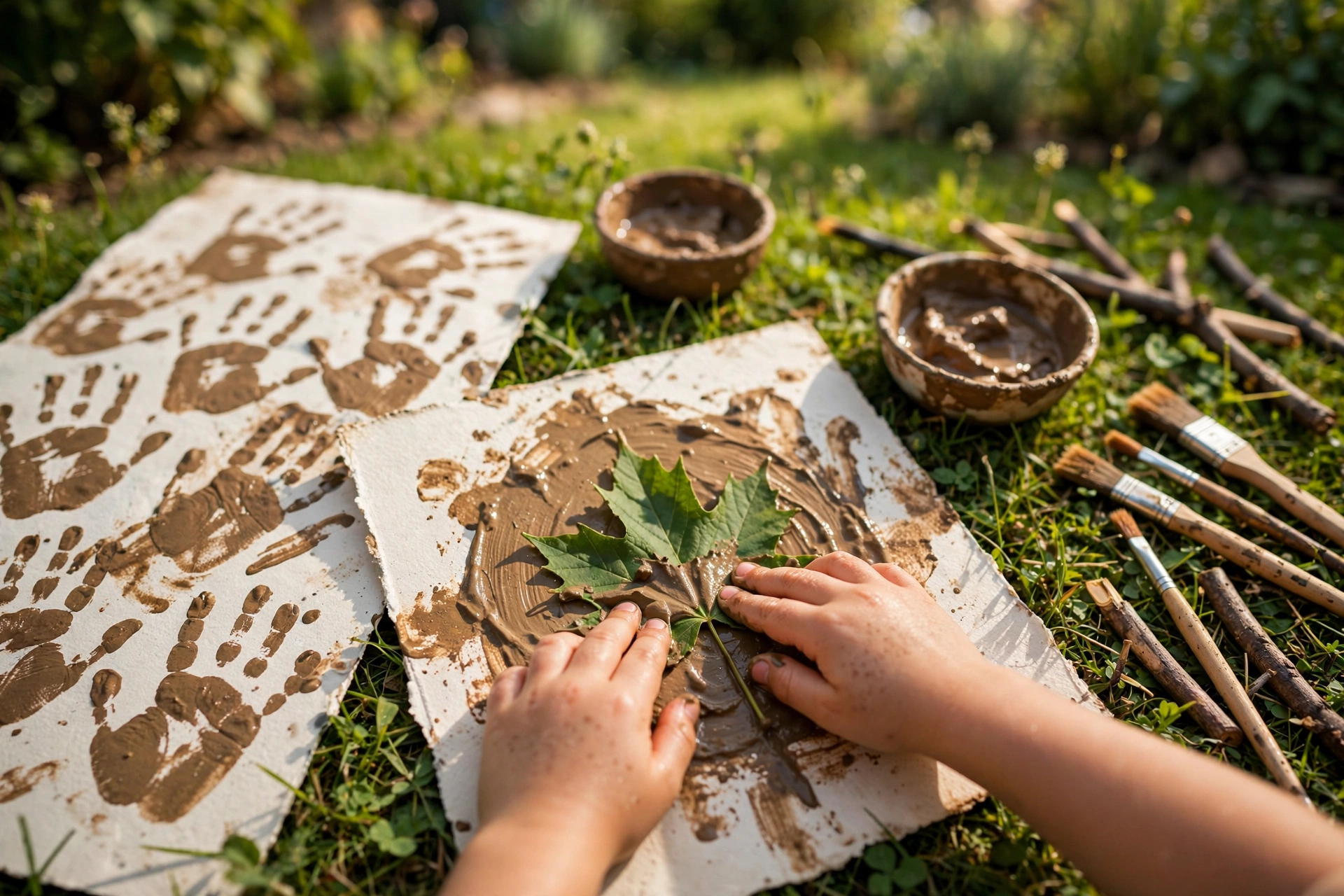Mud paint art station where children paint with coloured mud on paper