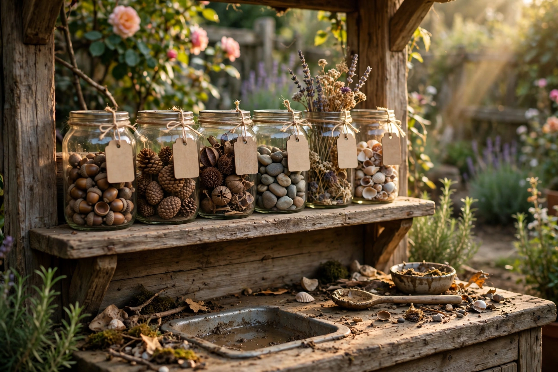 Nature pantry shelves on a mud kitchen stocked with pinecones, pebbles and leaves