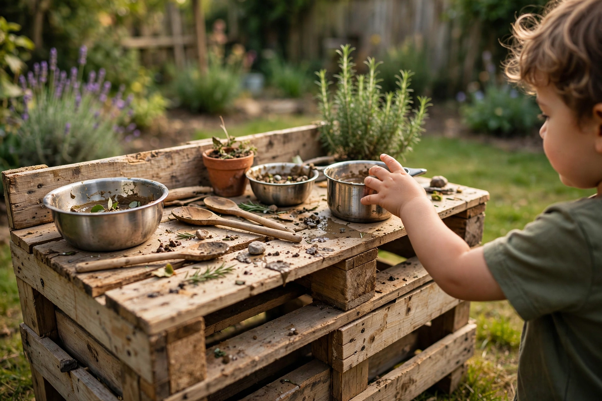 Pallet mud kitchen built at child height with a toy sink and pots for little hands