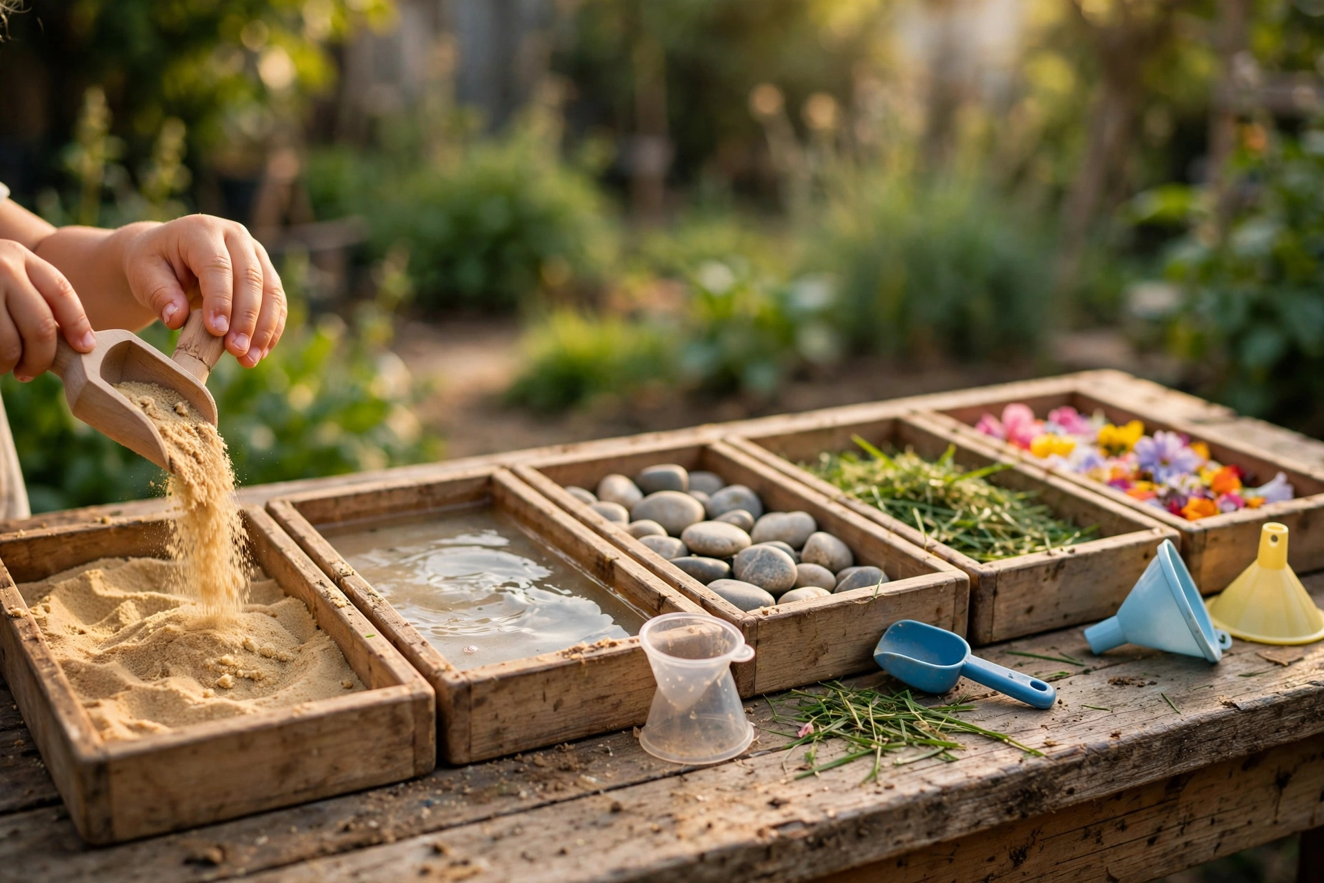 Sensory texture bar with bowls of sand, water, pebbles and mud for messy play