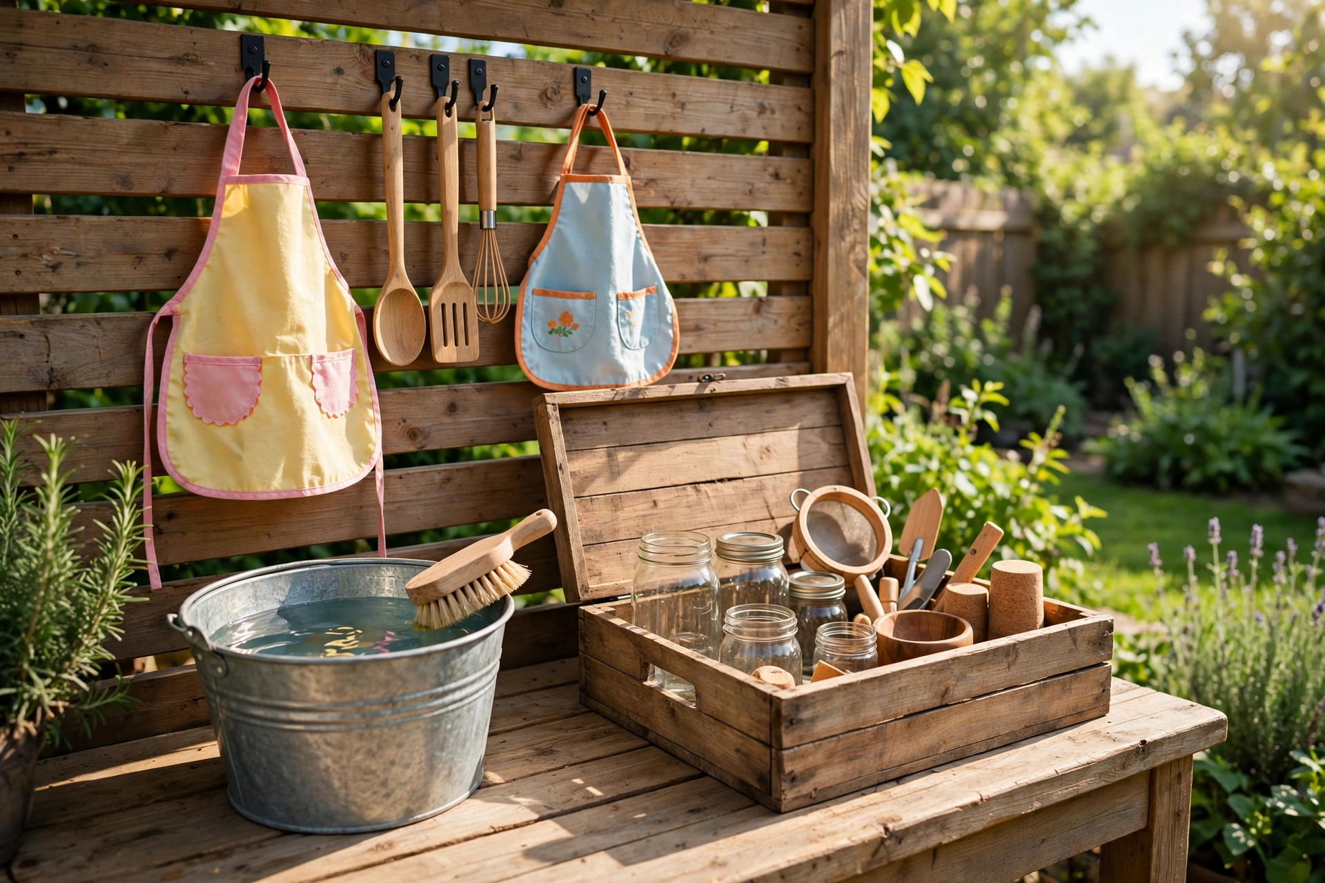Storage and cleanup station next to a mud kitchen with bins, hooks and a hose