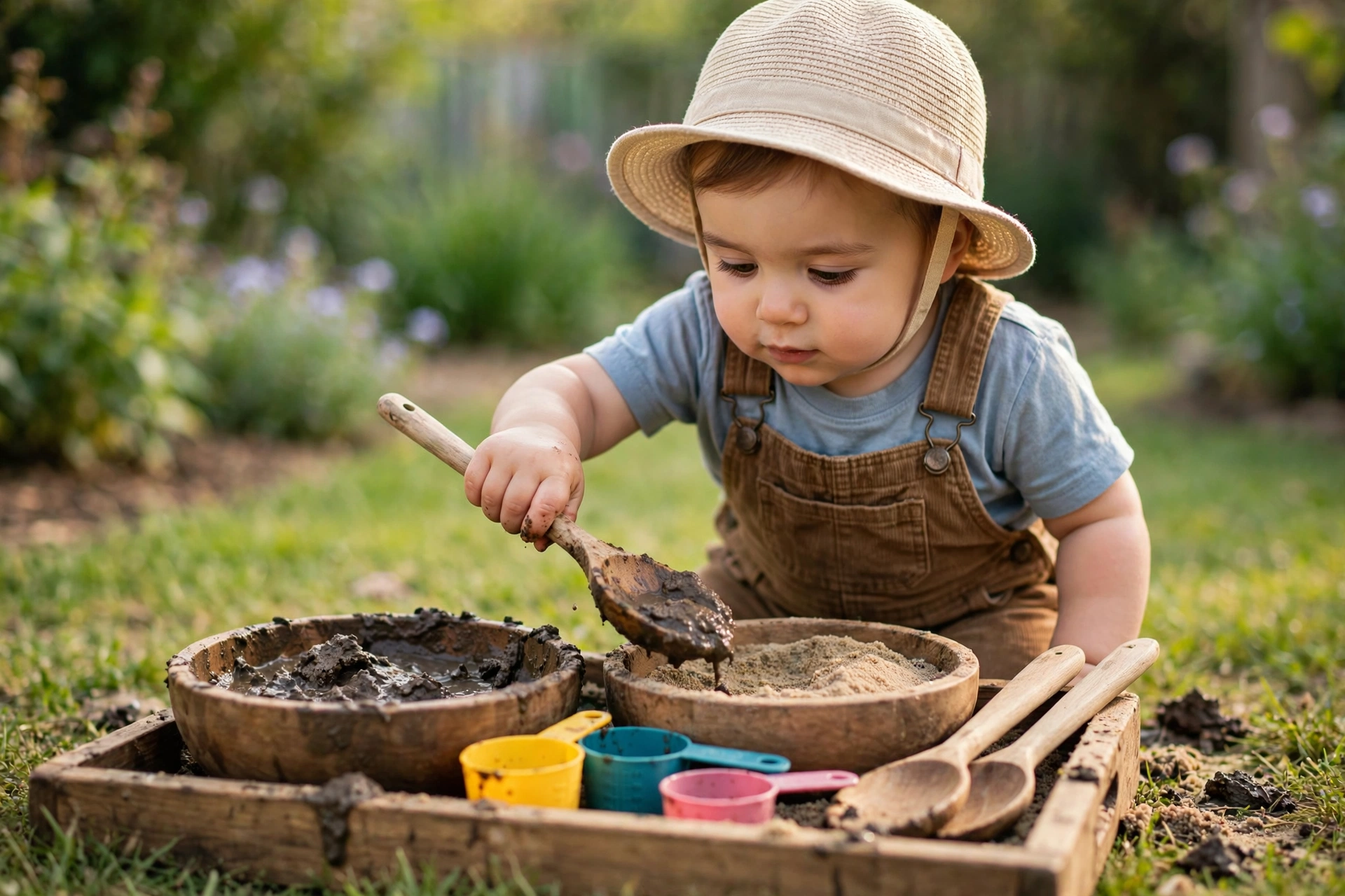 Toddler-safe ground-level mud kitchen with soft edges and easy-reach shelves