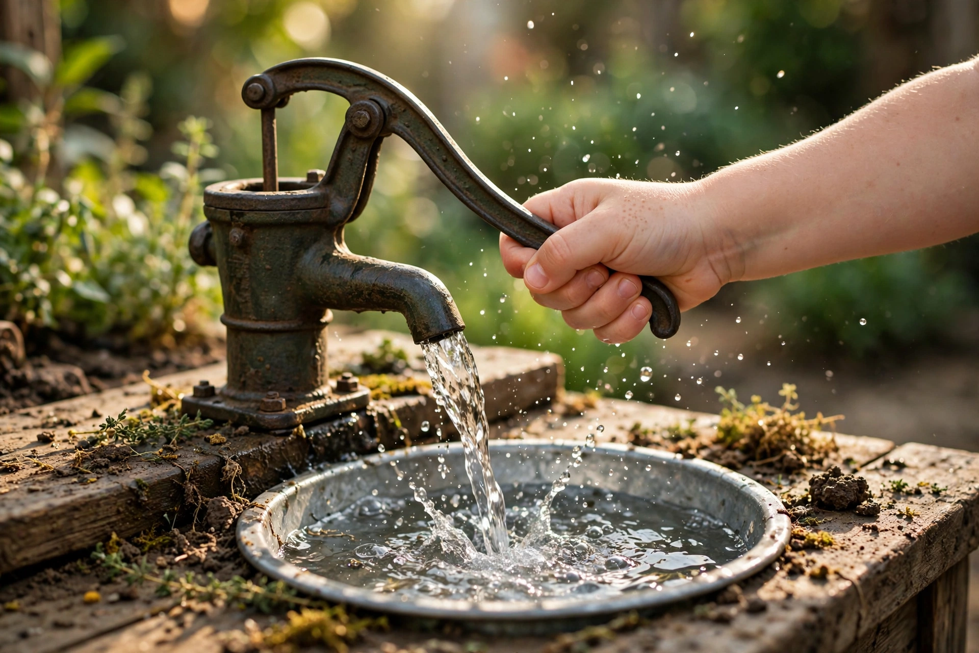Child pumping water from a working hand pump into a mud kitchen sink