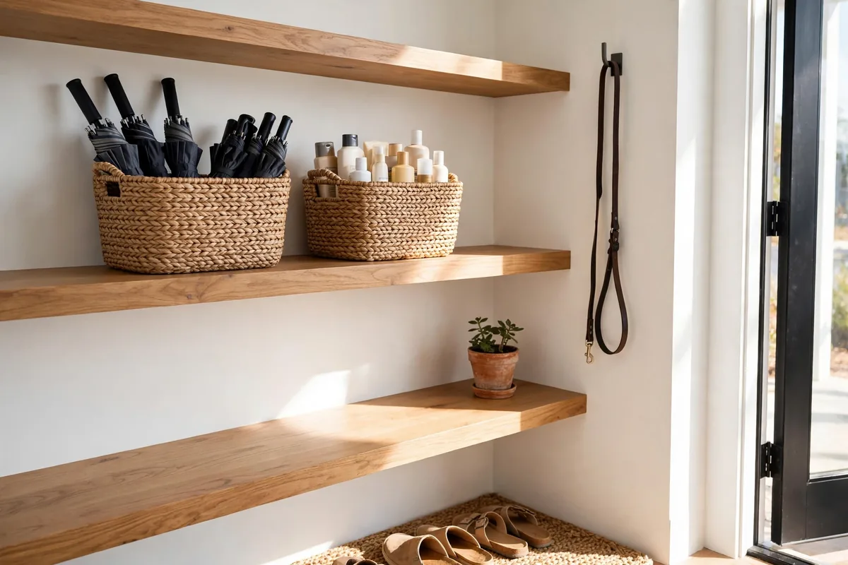 Open wooden shelves with woven seagrass baskets organizing grab-and-go mudroom essentials