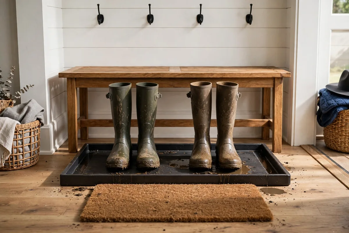 Muddy rain boots standing on a ribbed metal boot tray by the mudroom door