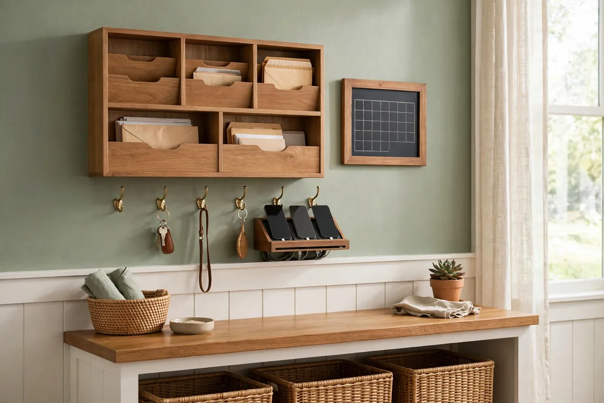 Mudroom family command center with wooden mail sorter, chalkboard calendar and charging tray