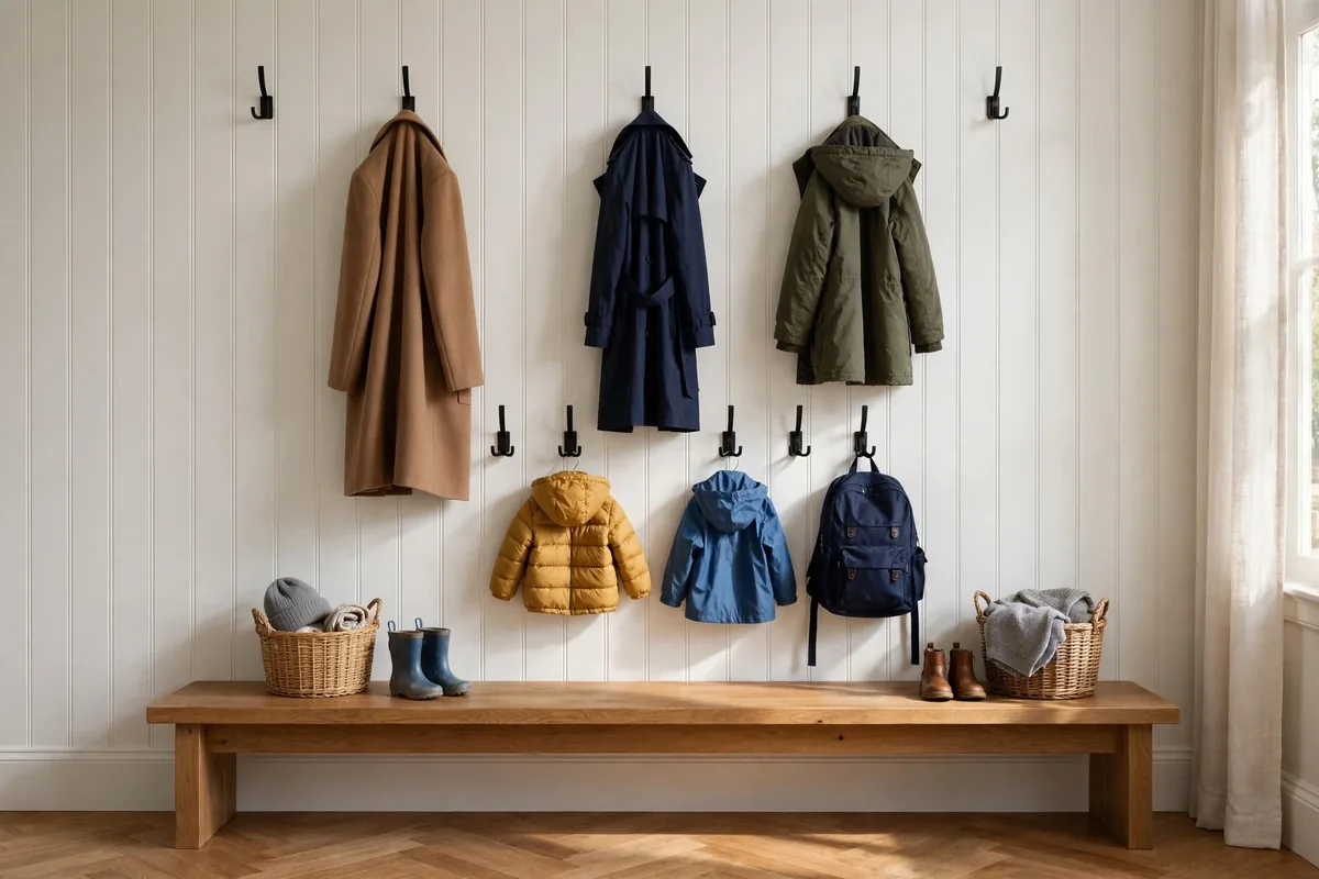 Mudroom wall with two staggered rows of black double hooks holding coats and backpacks at adult and kid heights