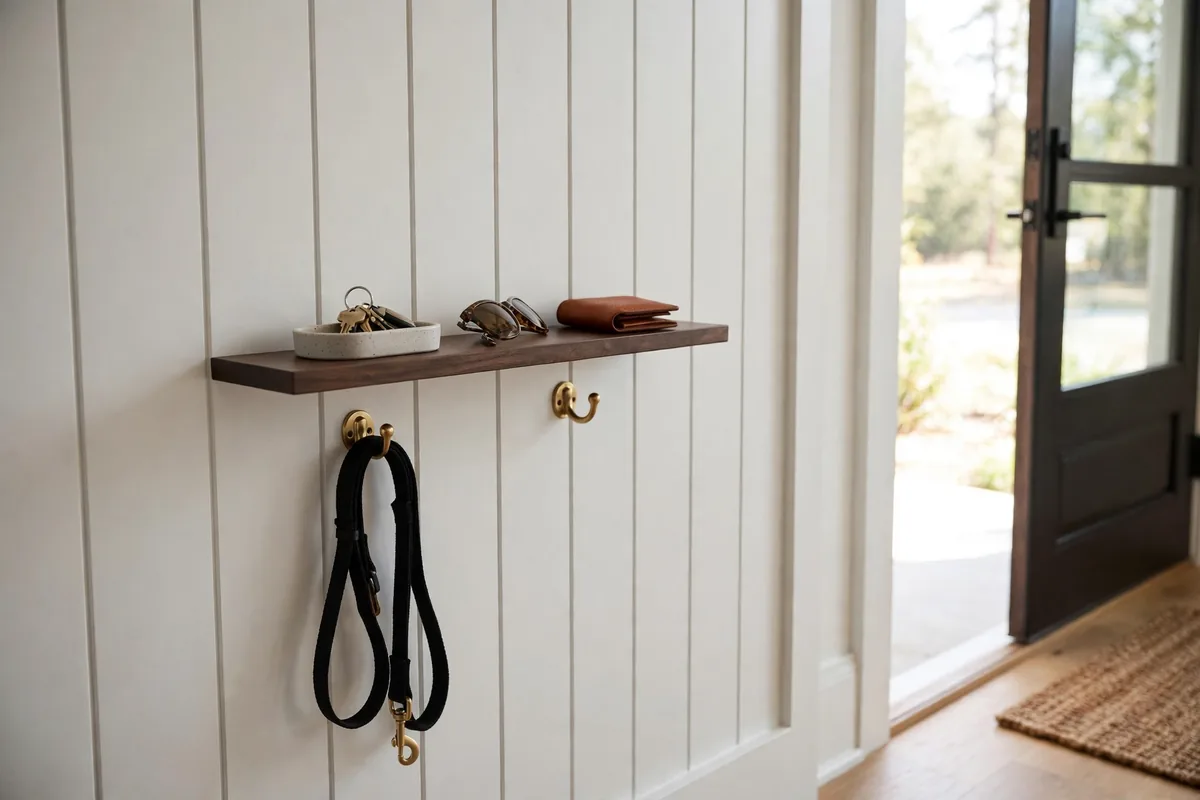 Narrow wooden floating shelf in a mudroom holding a key tray, sunglasses and wallet with dog leash hook below