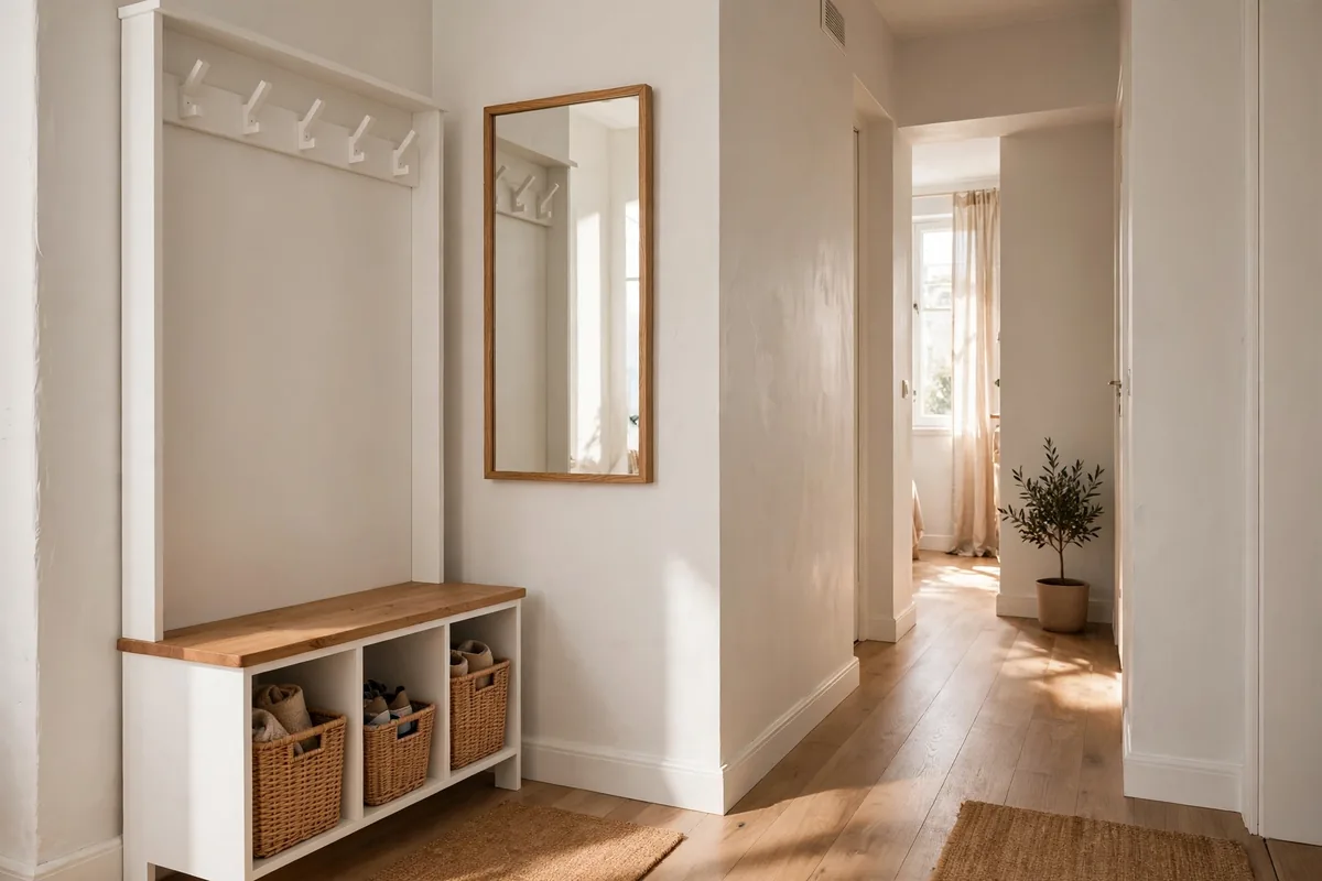 Slim white hall tree with hooks, bench seat and shoe cubbies creating a mini mudroom in a narrow entryway