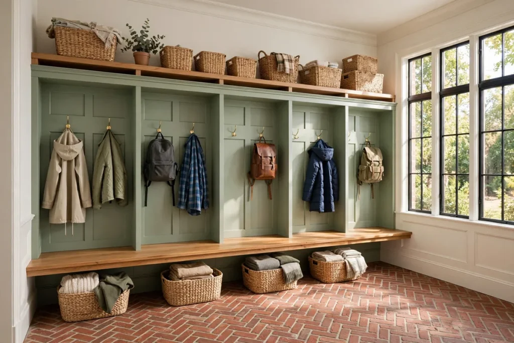 Bright organized mudroom with sage green built-in lockers, brass hooks, wooden bench and woven storage baskets